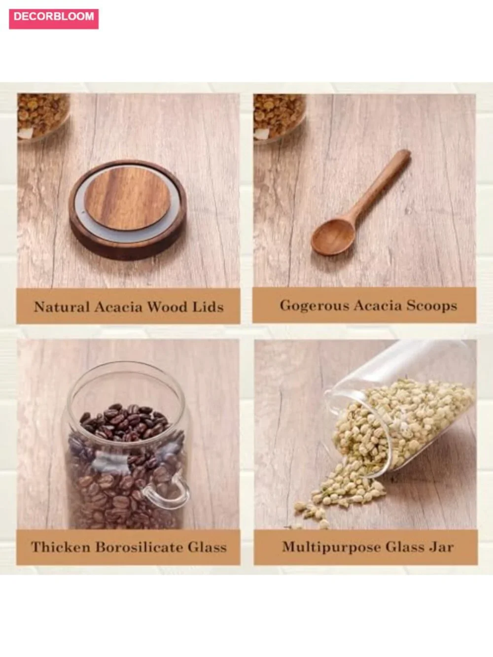3 Pack Glass Coffee Jars with Wooden Lids and Scoops, Airtight Canisters for